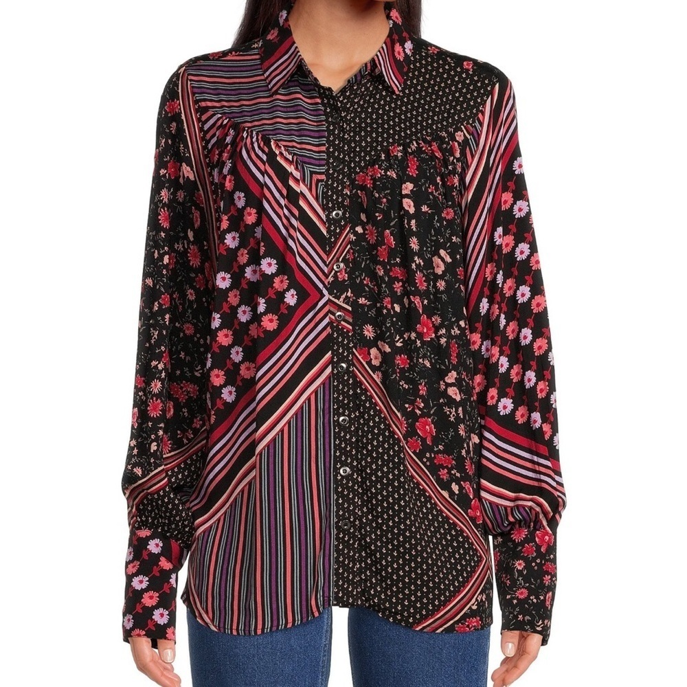 Women’s new Free People hazel patchwork printed button up long sleeve blouse